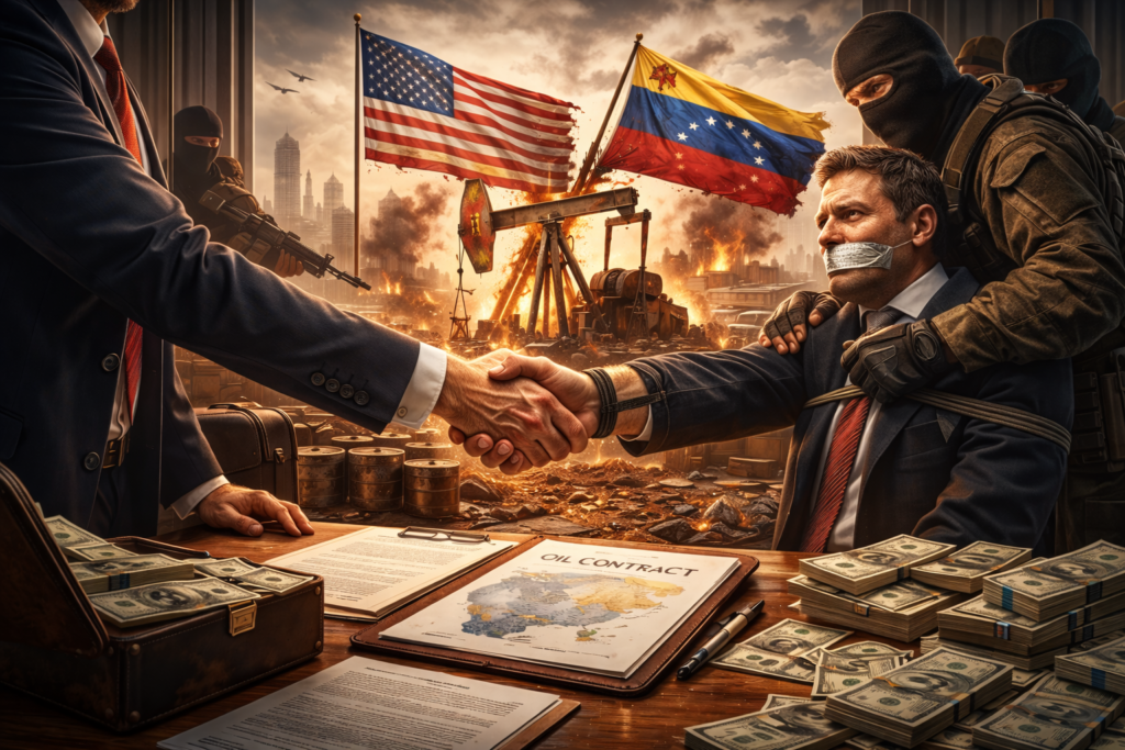 Conceptual illustration showing US and Venezuelan flags over oil infrastructure, symbolising asset control, sovereignty, and geopolitical influence.