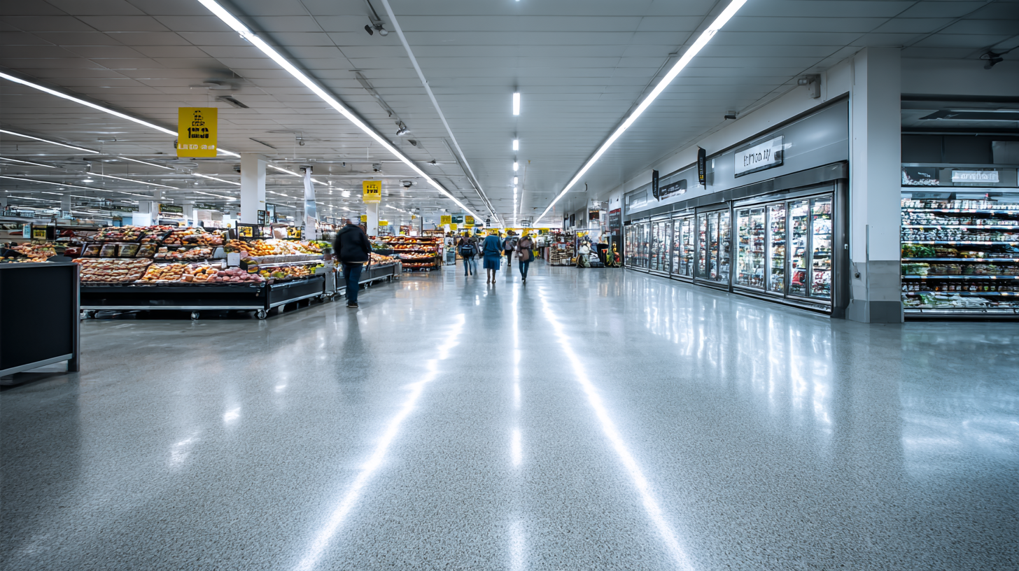 Supermarket aisle with directional lighting guiding shopper movement and flow