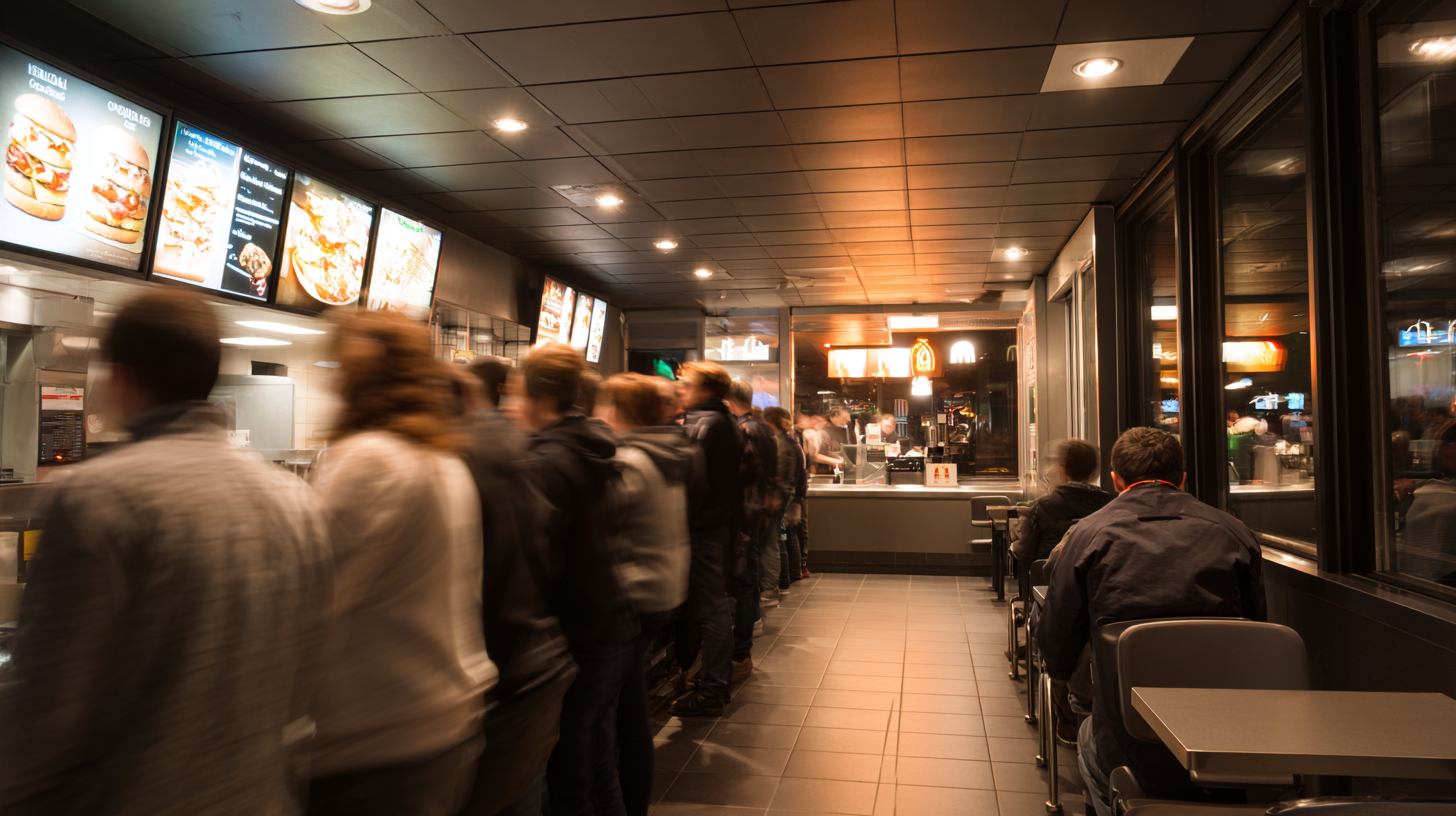 Fast food restaurant interior showing dense queue on one side and quieter seating area on the other, illustrating how space design shapes behaviour