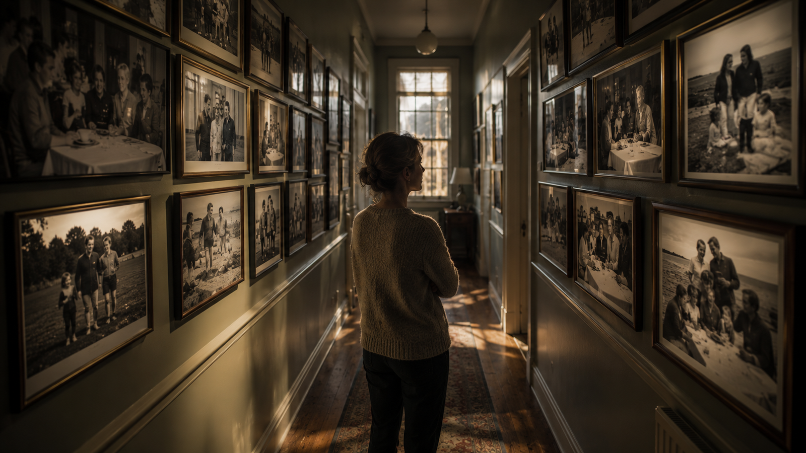 A person standing in a hallway lined with family photographs, symbolising memory, inherited stories and emotional interpretation.