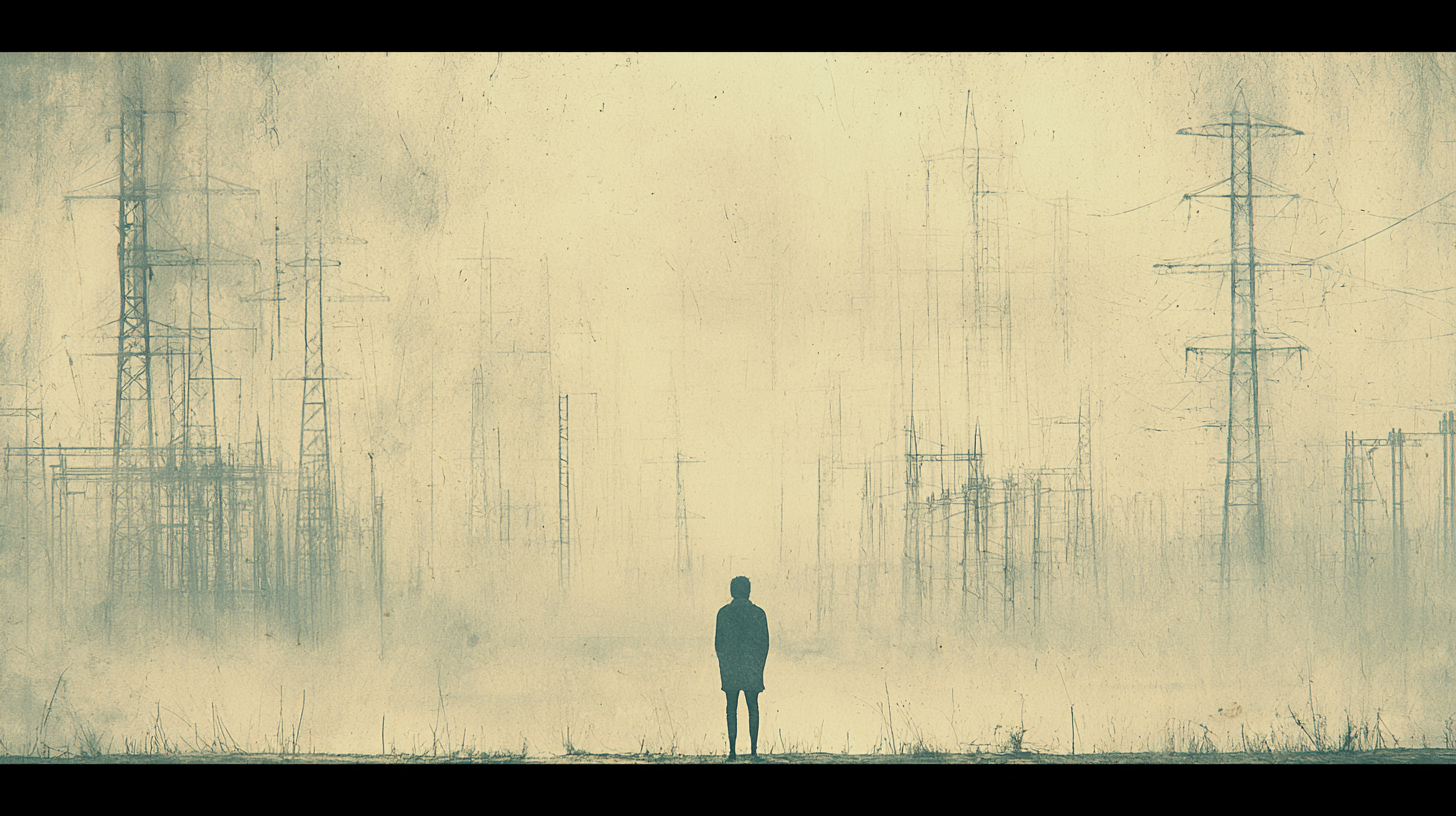 A solitary figure stands before a vast network of power infrastructure at dawn, representing the scale of systemic constraints now shaping global strategy.